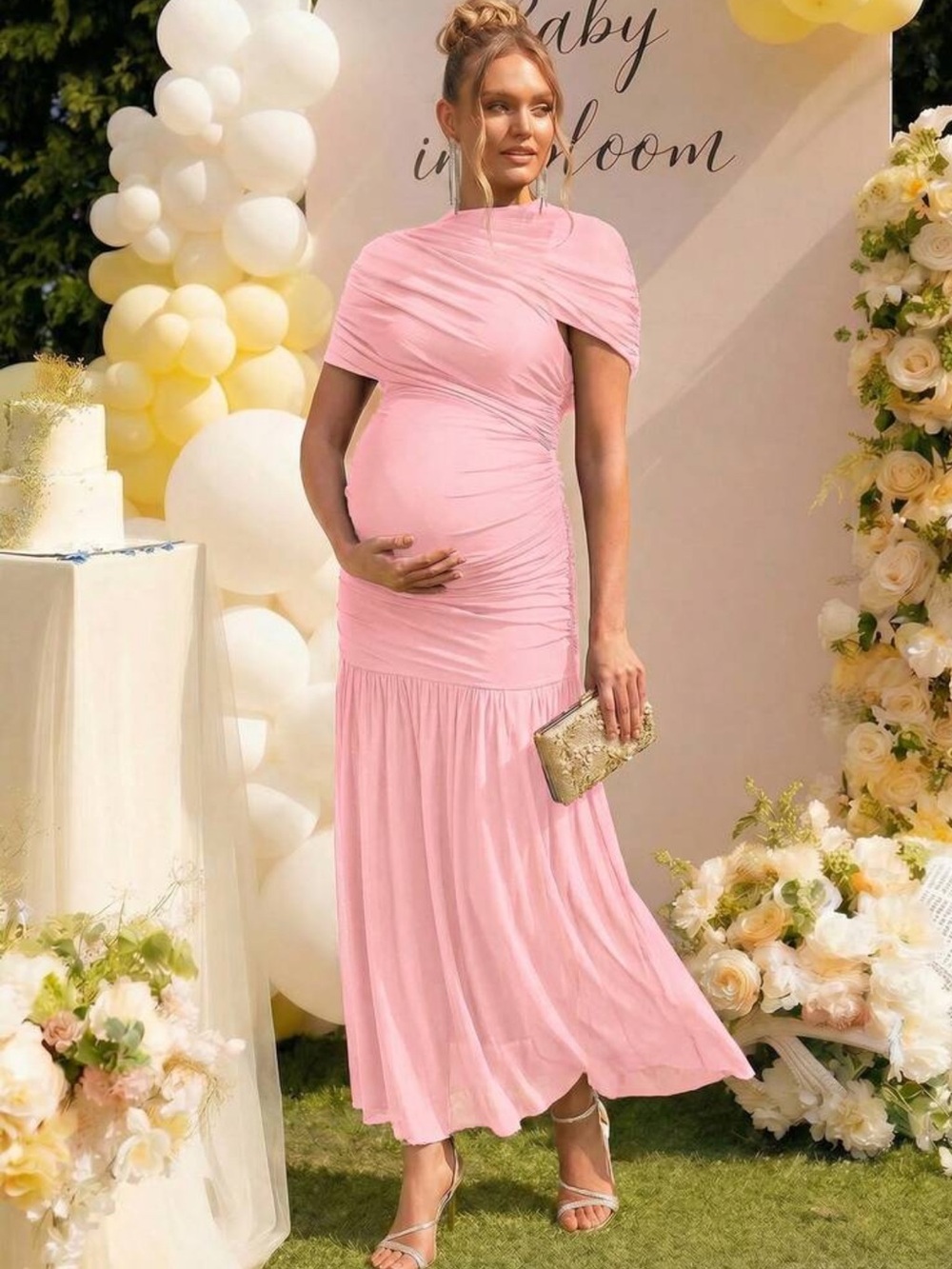 Maternity Pink Ruched One-Shoulder Maxi Dress
